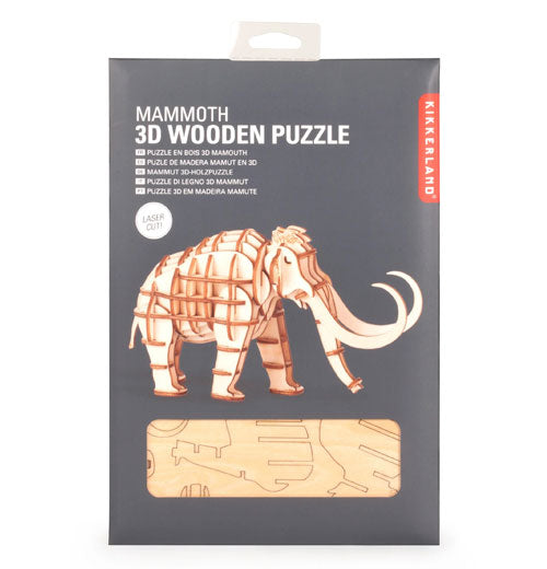 Wooden puzzle in the packaging, grey background with a picture of the finished puzzle on it and a little window to show you what the wood slabs look like. you pop the pieces out of the boards and put them together to make a mammoth.