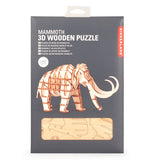 Wooden puzzle in the packaging, grey background with a picture of the finished puzzle on it and a little window to show you what the wood slabs look like. you pop the pieces out of the boards and put them together to make a mammoth.