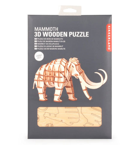 Wooden puzzle in the packaging, grey background with a picture of the finished puzzle on it and a little window to show you what the wood slabs look like. you pop the pieces out of the boards and put them together to make a mammoth.