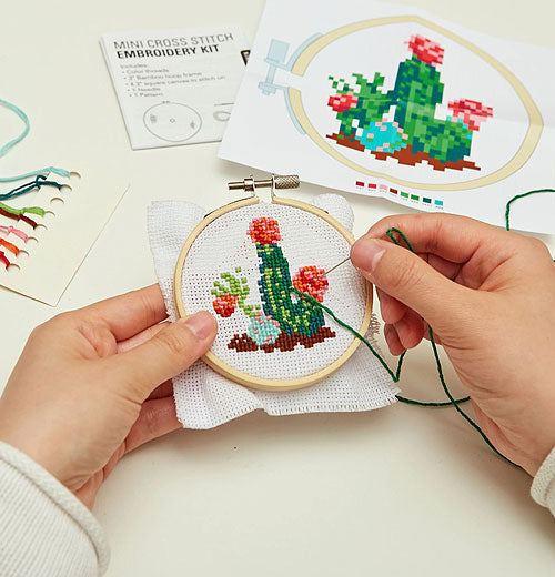 someone embroidering a small cactus onto a hoop. The cactus has flowers on their top and in the background you can see the instructions layed out along with the string.