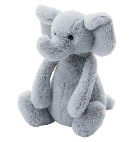 The Bashful Medium "Grey Elephant" has big ears, four legs, a trunk, and black pellet eyes. 