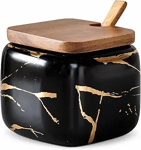 Marbled Porcelain Jar with Wood Spoon &amp; Lid