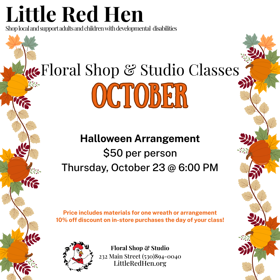 Promotional flyer for the Halloween Arrangement class at the Little Red Hen Floral shop Thursday, October 23 @ 6:00pm.