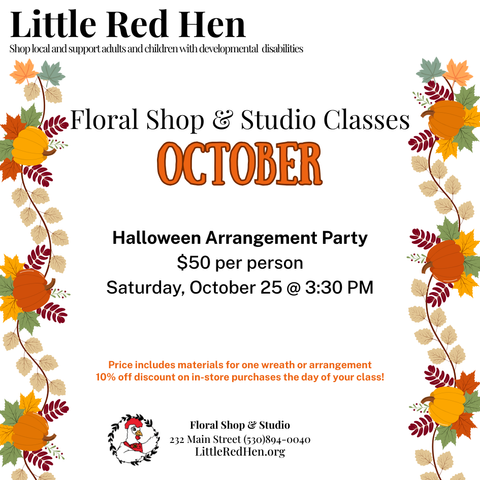 Promotional flyer for the Halloween Arrangement Party at the Little Red Hen Floral shop Thursday, October 25 @ 3:30pm.