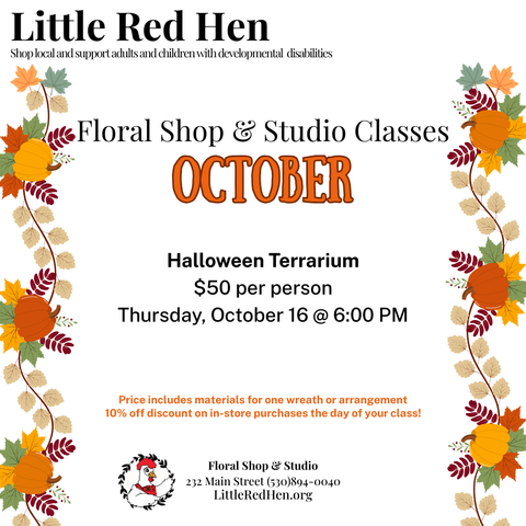 Promotional flyer for the Halloween Terrarium class at the Little Red Hen Floral shop Thursday, October 16 @ 6:00pm.