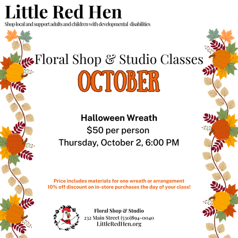 Promotional flyer for the Halloween Wreath class at the Little Red Hen Floral shop Thursday, October 2 @ 6:00pm.
