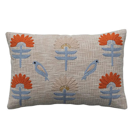 Woven Cotton Lumbar Pillow with Embroidered Flowers and Birds