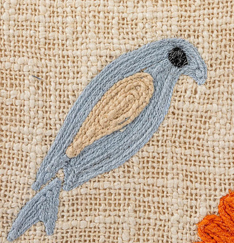 Woven Cotton Lumbar Pillow with Embroidered Flowers and Birds
