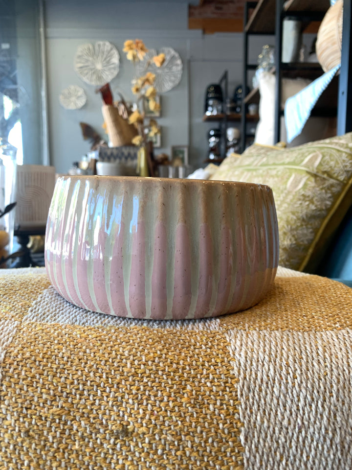 Pink &amp; Beige Drip Glaze Shallow Ribbed Cache Pot
