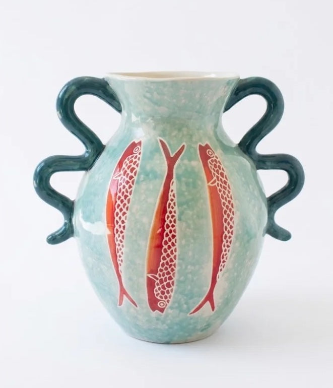 Colorful Ceramic Fish Vase with Squiggle Handles