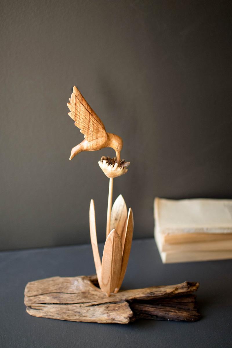 Hand Carved Repurposed Wood Hummingbird Sculpture