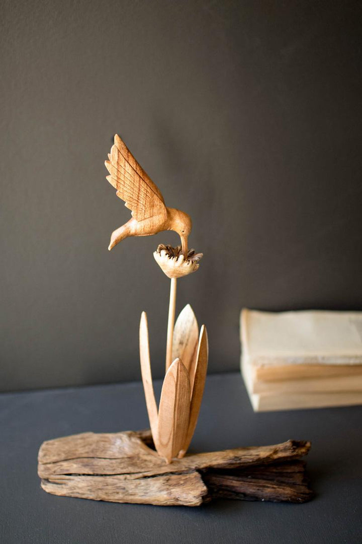 Hand Carved Repurposed Wood Hummingbird Sculpture