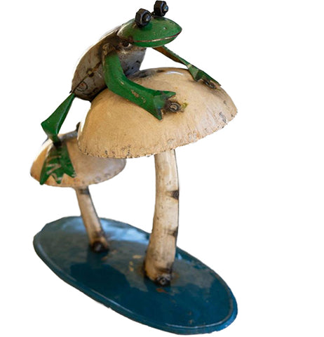 Recycled Iron Frog Climbing on Mushrooms
