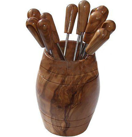 Olive Wood Barrel With 6 Olive Picks