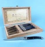 Set of 6 Laguiole Black Platine Steak Knives in Wooden Presentation Box