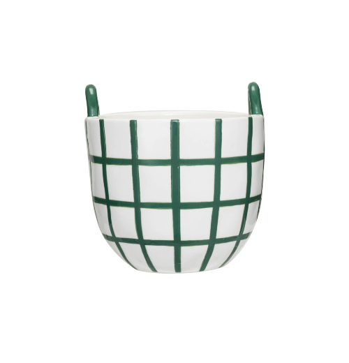 Round Painted Stoneware Container with Handles