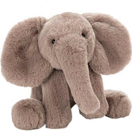 gray stuffed elephant with big ears and a long trunk. 