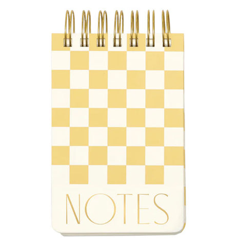 A wired pocket notebook is yellow checkered with the words "Notes" in it.