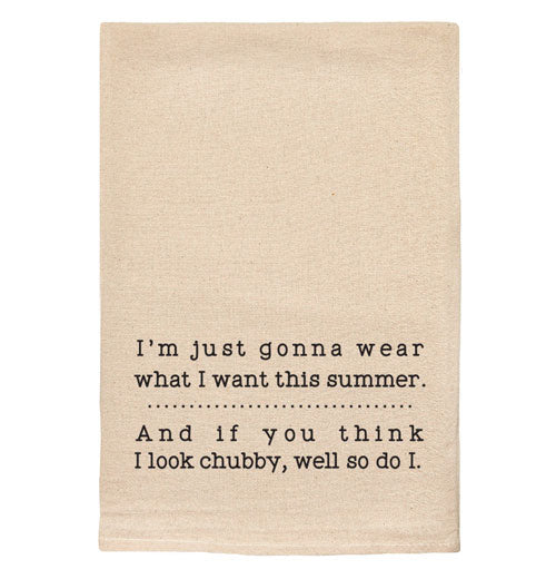 A beige tea towel with black text reading "I&