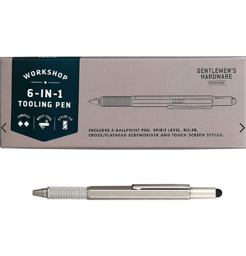 On the top, a gray, white, and black external package for a multi-tool says "Workshop | 6-in-1 tooling pen | includes a ballpoint pen, spirit level, ruler, cross-flathead screwdriver and touch screen stylus," and the gentlemen's hardwork logo. On the bottom, the multi-tool is shown by itself; it appears to be a silver pen.