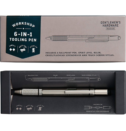 On the top, a gray, white, and black external package for a multi-tool says "Workshop | 6-in-1 tooling pen | includes a ballpoint pen, spirit level, ruler, cross-flathead screwdriver and touch screen stylus," and the gentlemen&
