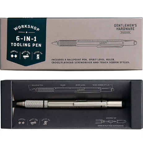 On the top, a gray, white, and black external package for a multi-tool says "Workshop | 6-in-1 tooling pen | includes a ballpoint pen, spirit level, ruler, cross-flathead screwdriver and touch screen stylus," and the gentlemen's hardwork logo. On the bottom, the multi-tool is shown in the internal black packaging; it appears to be a silver pen.