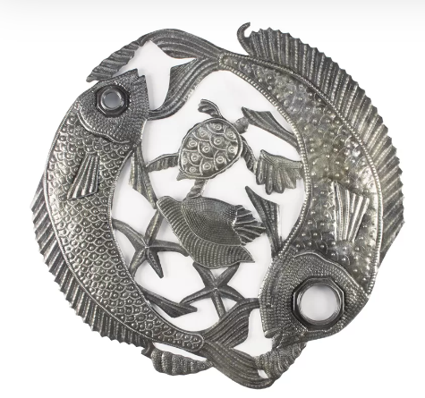 Oil Drum Lid Metal Fish Wall Art