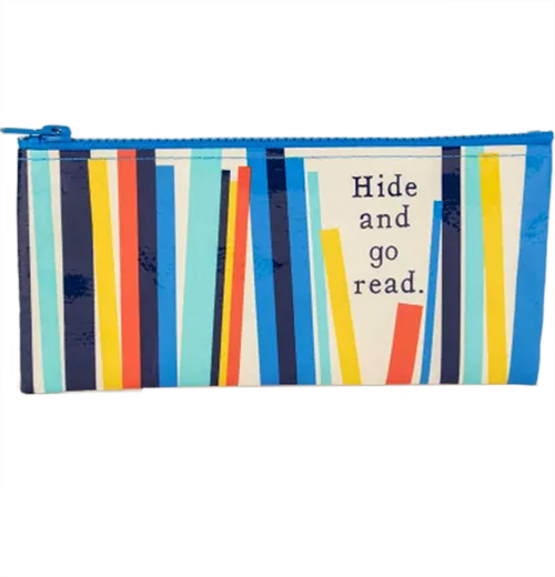 brightly colored pencil case that says "Hide and go read." with lines that look like books in reds, oranges, blues and black. 
