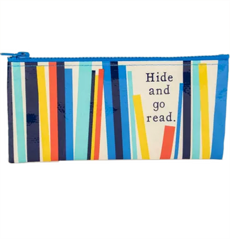 brightly colored pencil case that says "Hide and go read." with lines that look like books in reds, oranges, blues and black. 