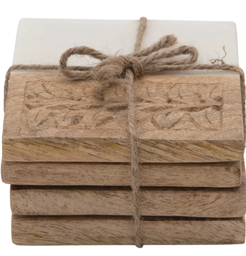 Square Marble and Wood Carved Coasters