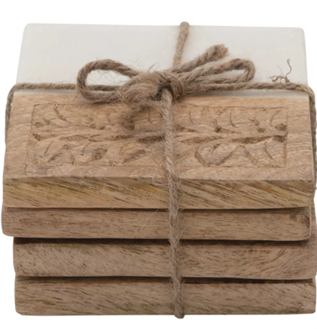 Square Marble and Wood Carved Coasters