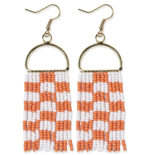 Allison Checkered Beaded Fringe Earrings Orange/White