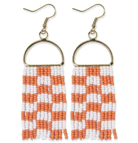 Allison Checkered Beaded Fringe Earrings Orange/White