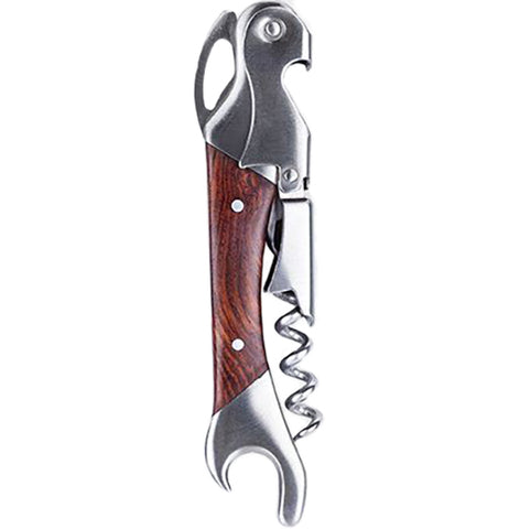 "Admiral" silver colored stainless steel corkscrew and bottle opener with brown wood handle over a white background.