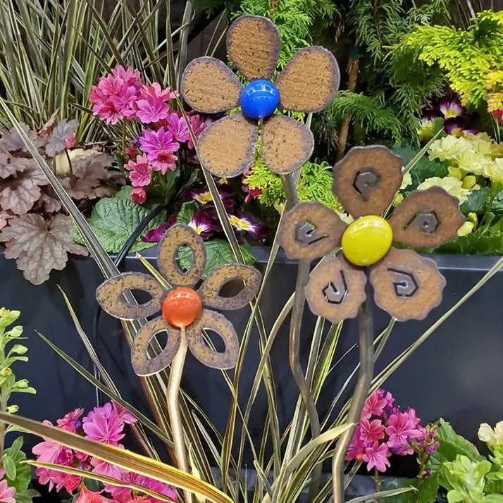 Rustic Metal Squiggle Flower Stake with Glass Gem (Tall)