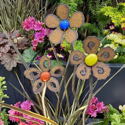 Rustic Metal Flower Stake with Glass Gem (Tall)