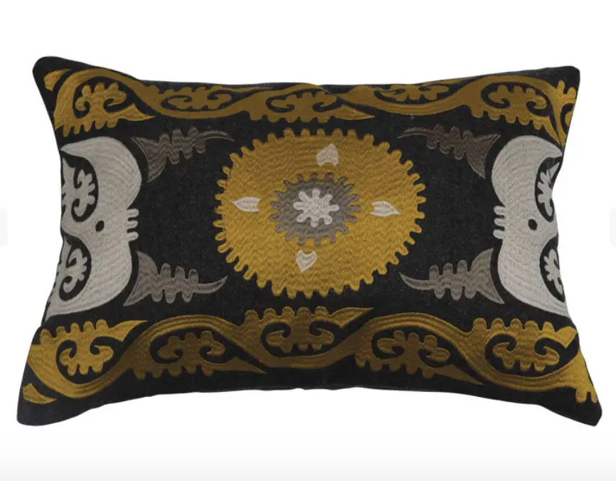 Embroidered Wool Blend Lumbar Throw Pillow