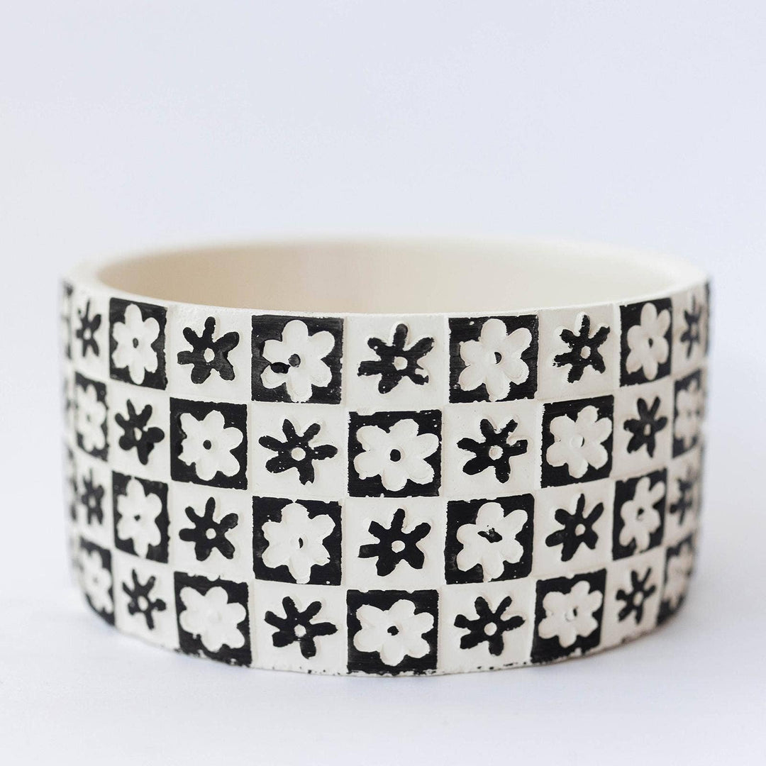 Black and White Floral Checkerboard Shallow Planter