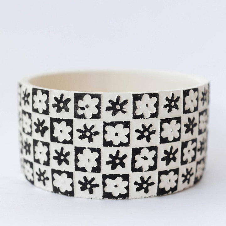 Black and White Floral Checkerboard Shallow Planter