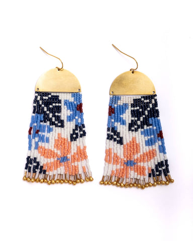Beaded Handwoven Tropical Fringe Earrings (Blue/Peach)