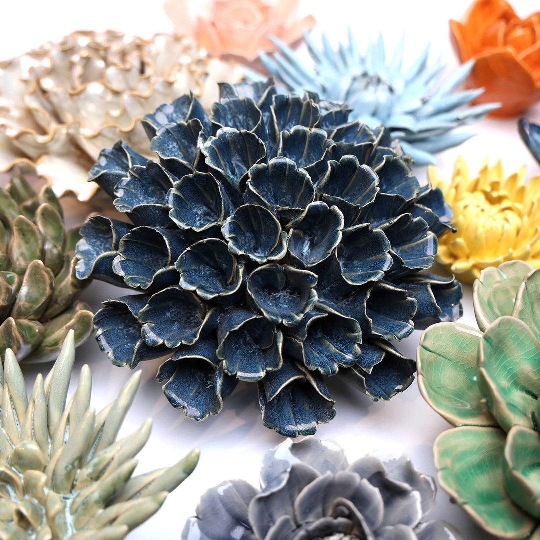 Ceramic Faux Flowers Succulents For Tabletop Or Wall Hangin: Peony Orange