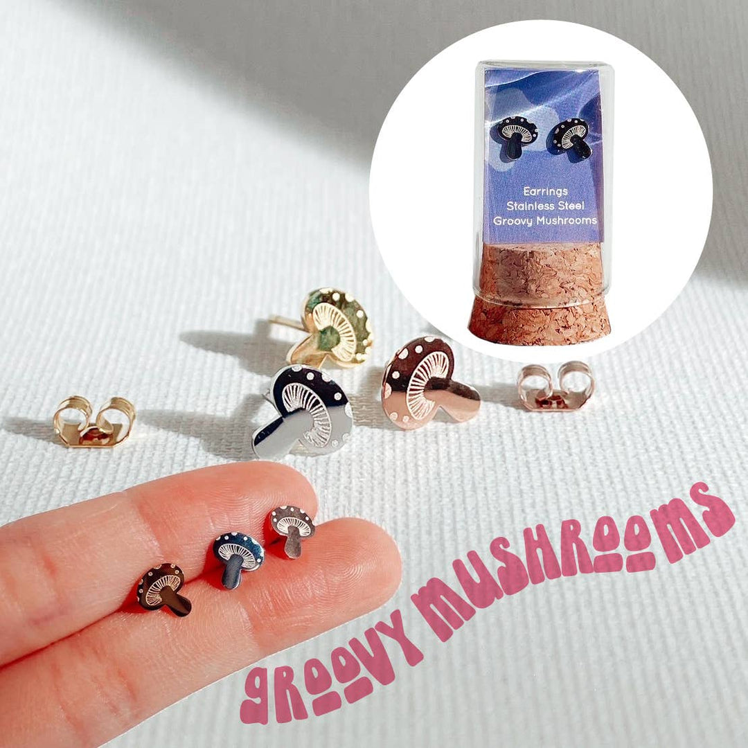 Groovy Mushrooms Earring Studs: 18k Rose Gold Plated