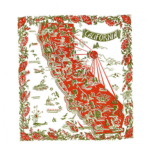 Red California Map Retro Flour Sack Kitchen Towel