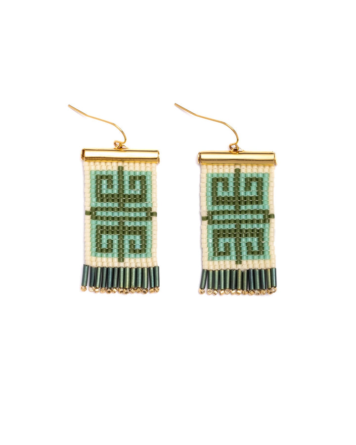 Beaded Handwoven Jungle Labyrinth Earrings (Green/Cream)