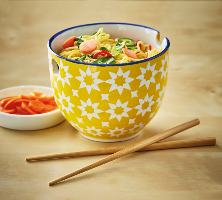 Star Yellow Stoneware Noodle Bowl w/Chopsticks
