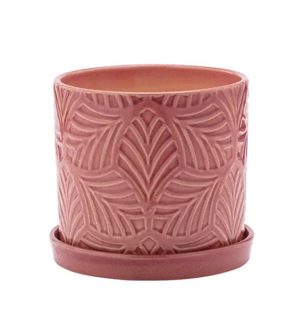Pink Embossed Leaf Planter with Saucer