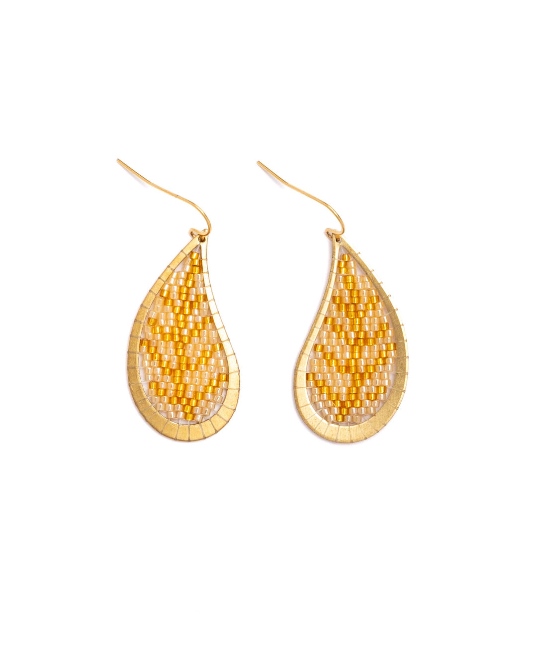 Beaded Handwoven Brass Framed Leaf Earrings (Yellow)