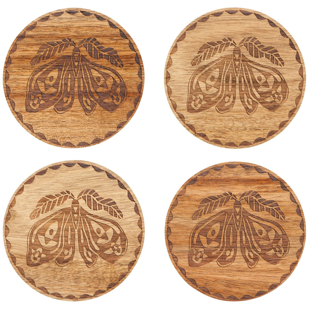 Nocturna Moth Engraved Wood Coasters, Set of 4