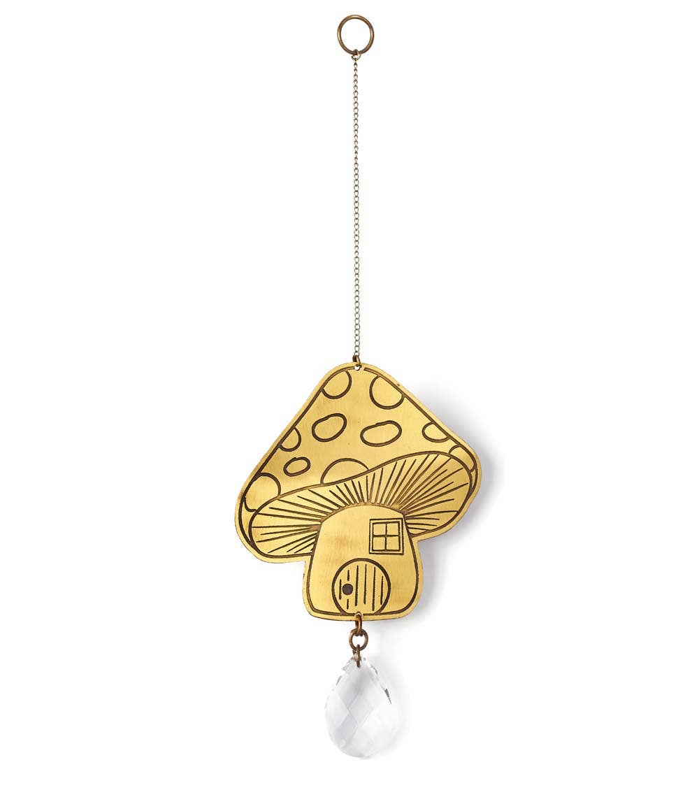 Surya Mushroom Engraved Brass Crystal Suncatcher