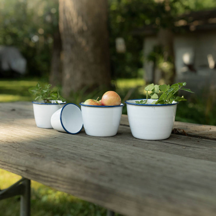 Enamelware Cache Pot, White with Cobalt Rim